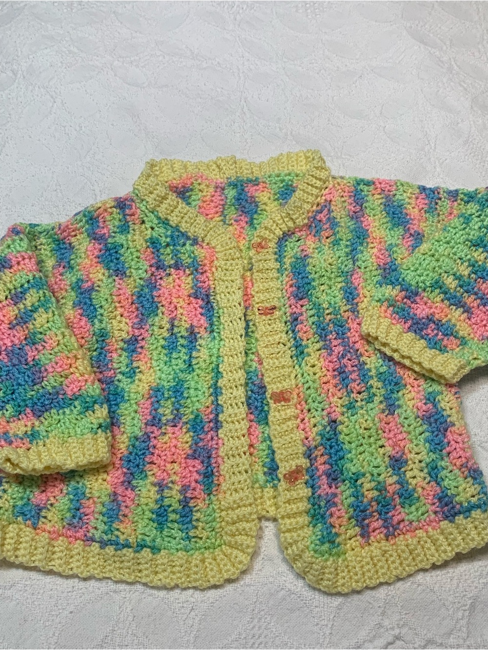 Handmade Pastel Multicolor Crochet  Cardigan - Yellow Trim